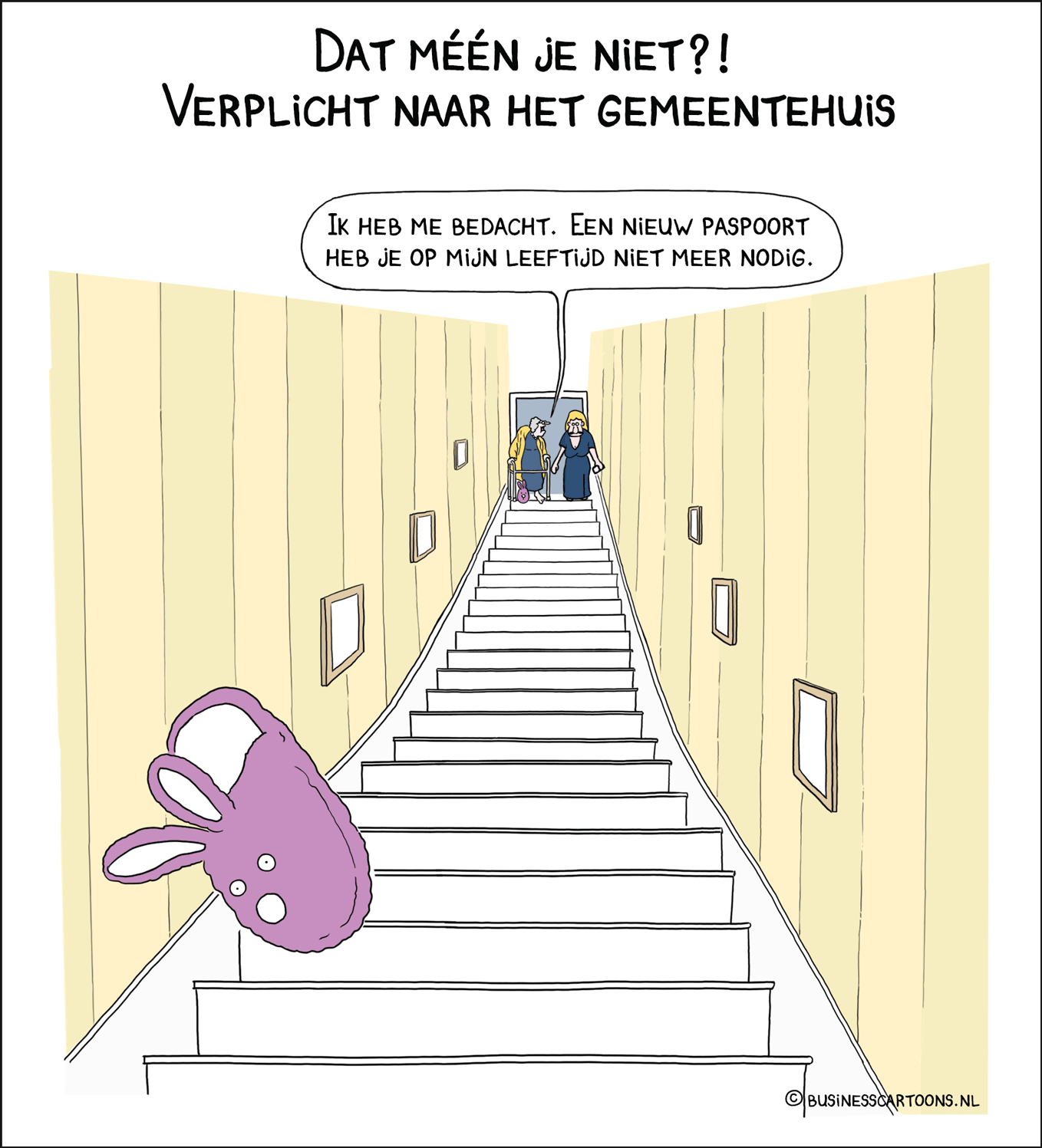 cartoontekening bejaarde mevrouw staat bovenaan trap kan niet paspoort fysiek vernieuwen