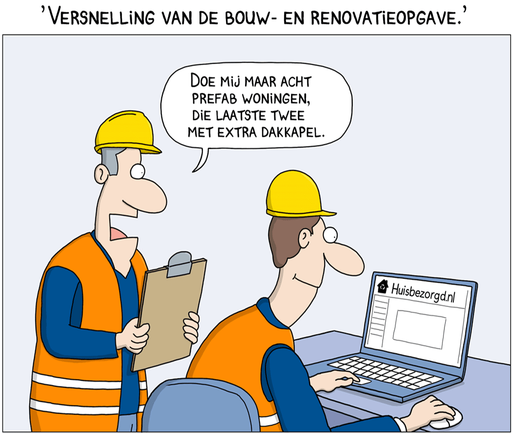  humortekening waar huizenbouwers materiaal op de website huisbezorgd.nl bestellen