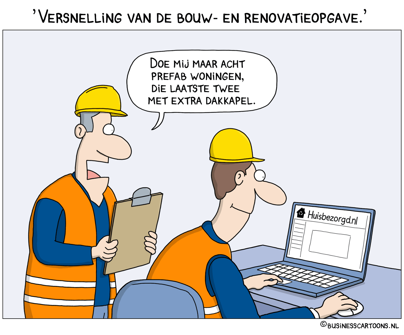 cartoon laten tekenen over versnelling bouwproces waar werkers online materialen aanschaffen