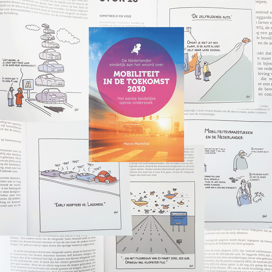 boekcover met cartoons in mobiliteit in de toekomst