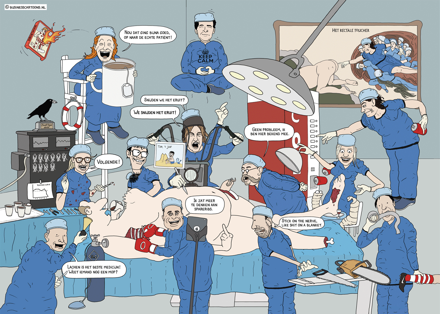 bedrijfsgeschenken waarin chirurgen als karikaturen aan het werk zijn