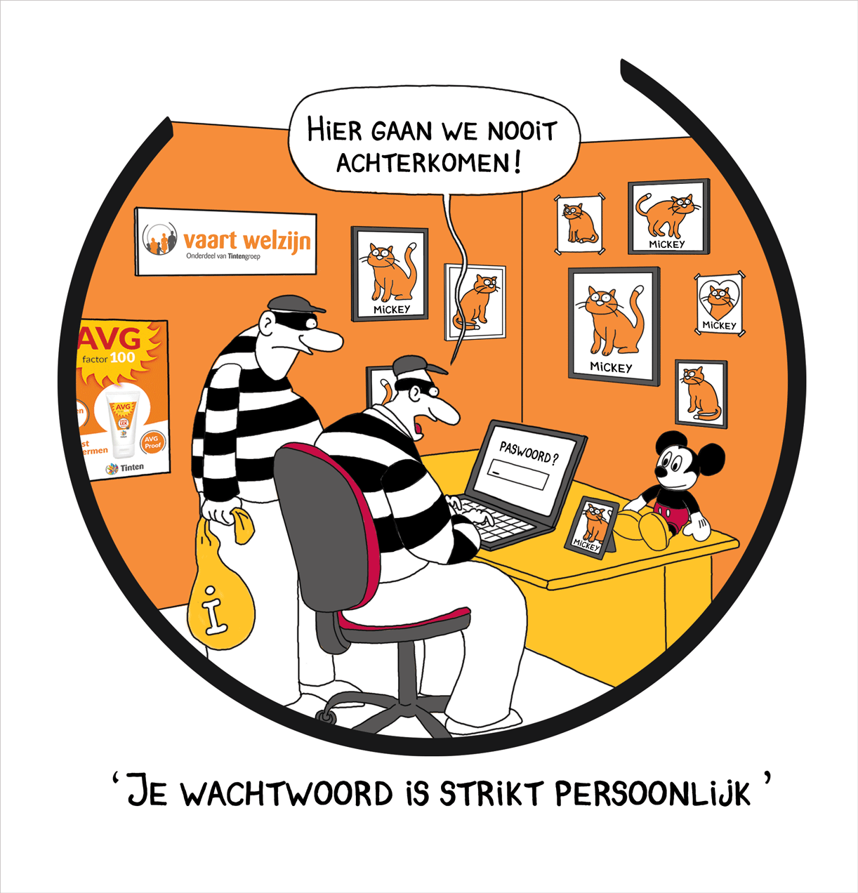 cartoontekening waarin boeven achter een laptop het wachtwoord proberen te ontcijferen