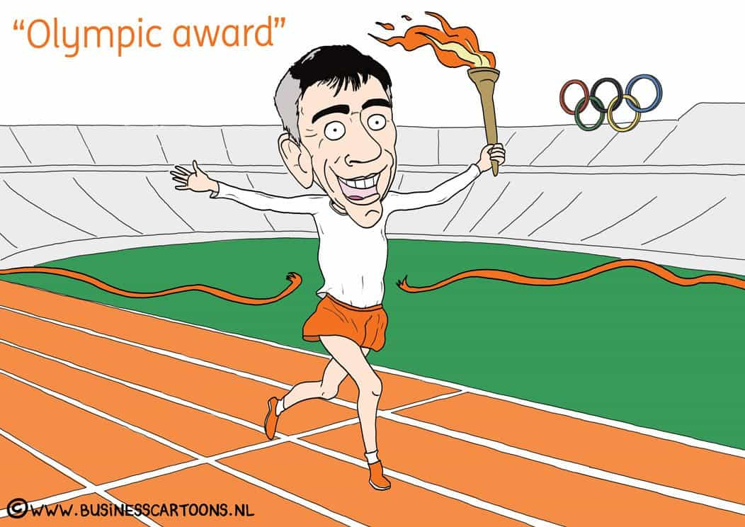 karikatuur van man op olympische hardloopbaan